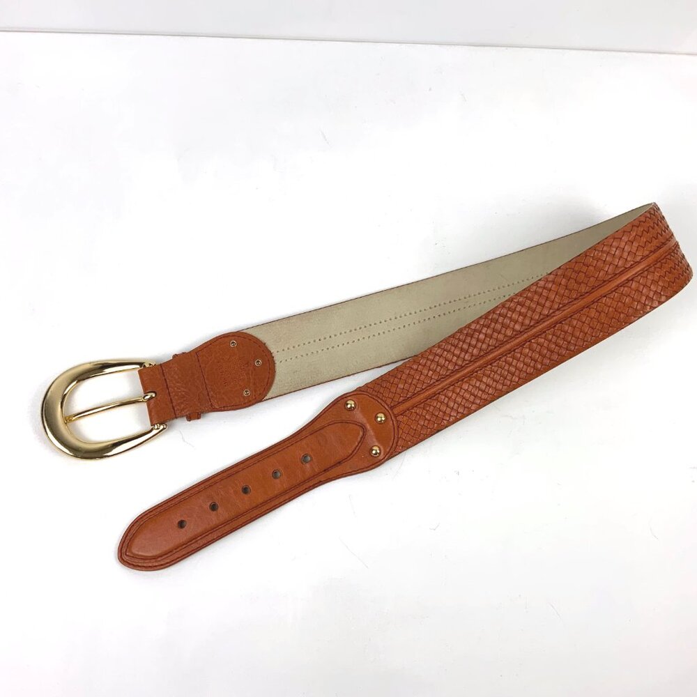 MICHAEL KORS Wide Leather Busket Weave Brown Belt Gold Buckle Sz M - Picture 7 of 16
